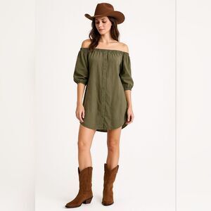 Bella Dahl Olive Green Off-Shoulder Button Front Tunic Dress XS Boho Earthy Grem